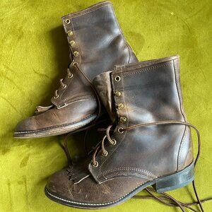 Vintage Brown Leather Kiltie Lace Up Western Boots